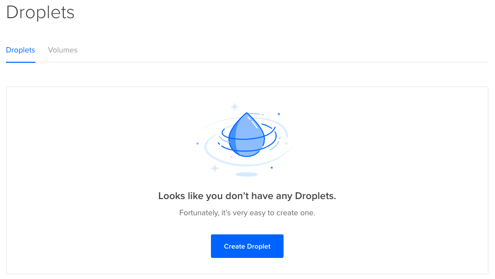 droplet list showing create droplet button